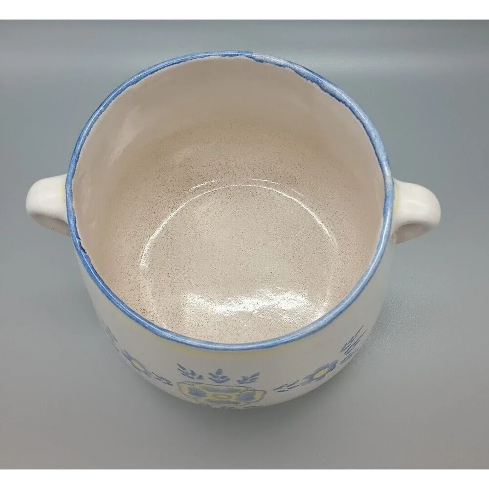 Vintage AMNION Clay Pottery Handpainted ALGARVE Blue Yellow CROCK w Two Handles